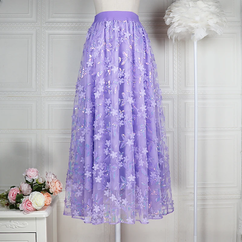 Glitter Three-Dimensional Embroidery Tulle Skirt 2024 Spring And Summer High Waist Slimming Mid-Length Super Fairy Purple Skirts