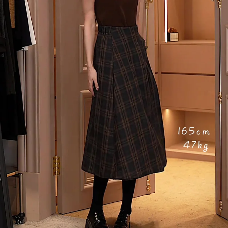 

Женская шерстяная юбка миди Donna в клетку с завышенной талией в стиле Хепберн, А-силуэт, для офиса, осень-зима, новинка