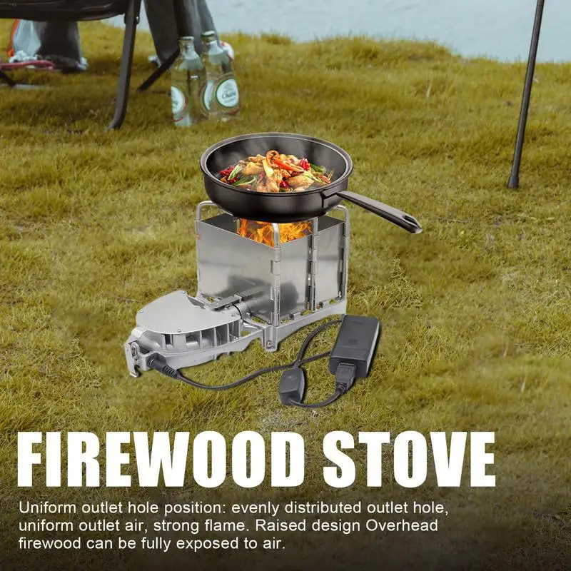 Outdoor Firewood Stove Stainless Steel Wood Burning Stove Foldable Firewood Furnace Charcoal Cooker BBQ Electronic Blower Stove