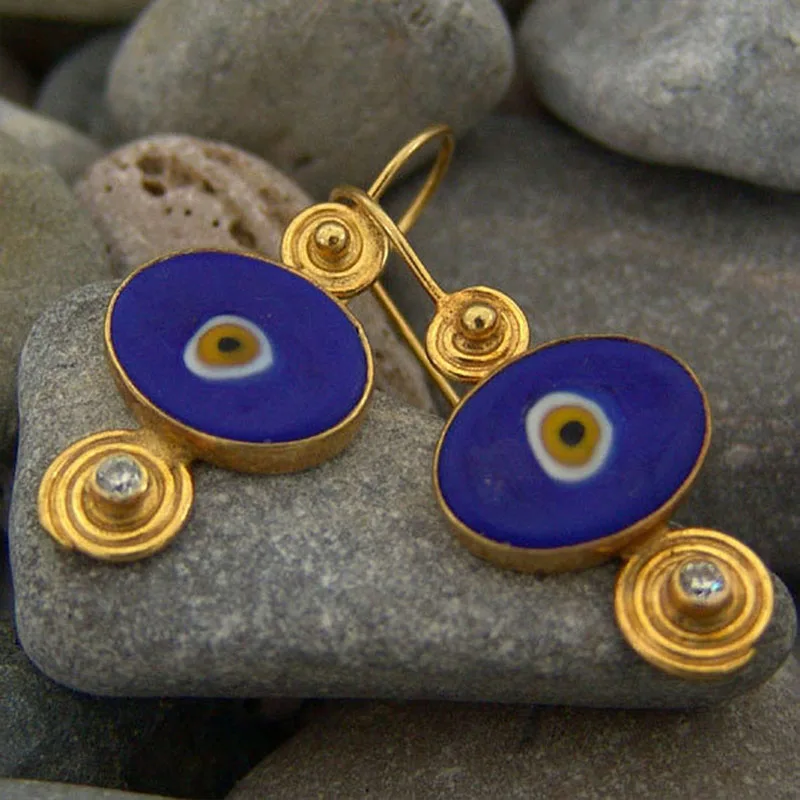 Gypsy Navy Blue Enamel Drop Dangle Earrings for Women Turkish Jewelry Gold Color Dripping Oil Eye Spiral Hook Earrings