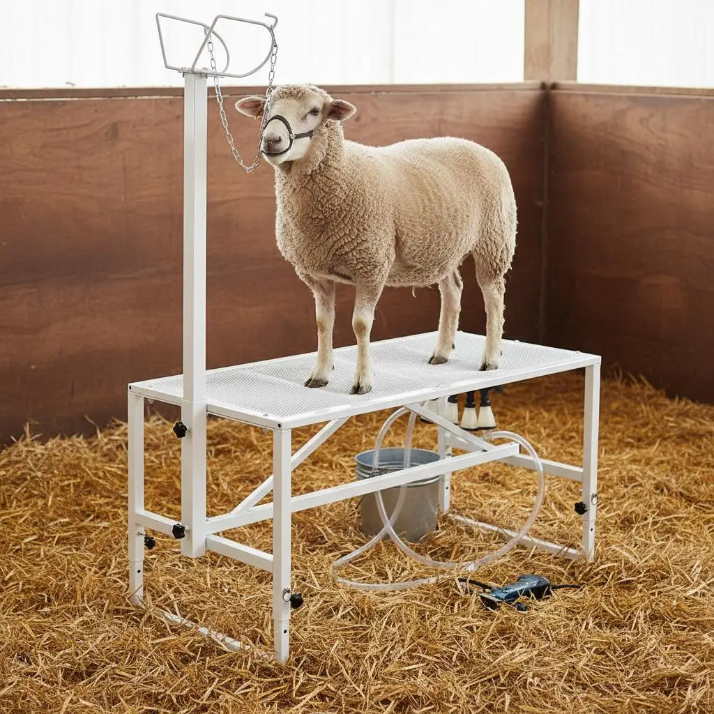 

Платформа для стрижки и ухода за скотом 51x23 дюйма, грузоподъемность 500 фунтов, регулируемая высота, с креплением для головы и петлей для носа