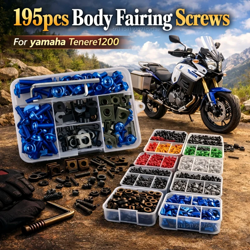 195-teiliges Motorrad-Verkleidungsschrauben-Set mit Muttern für Yamaha Super Tenere Tenere1200 Tenere 1200 2014-2021, Aluminium-CNC-Clips
