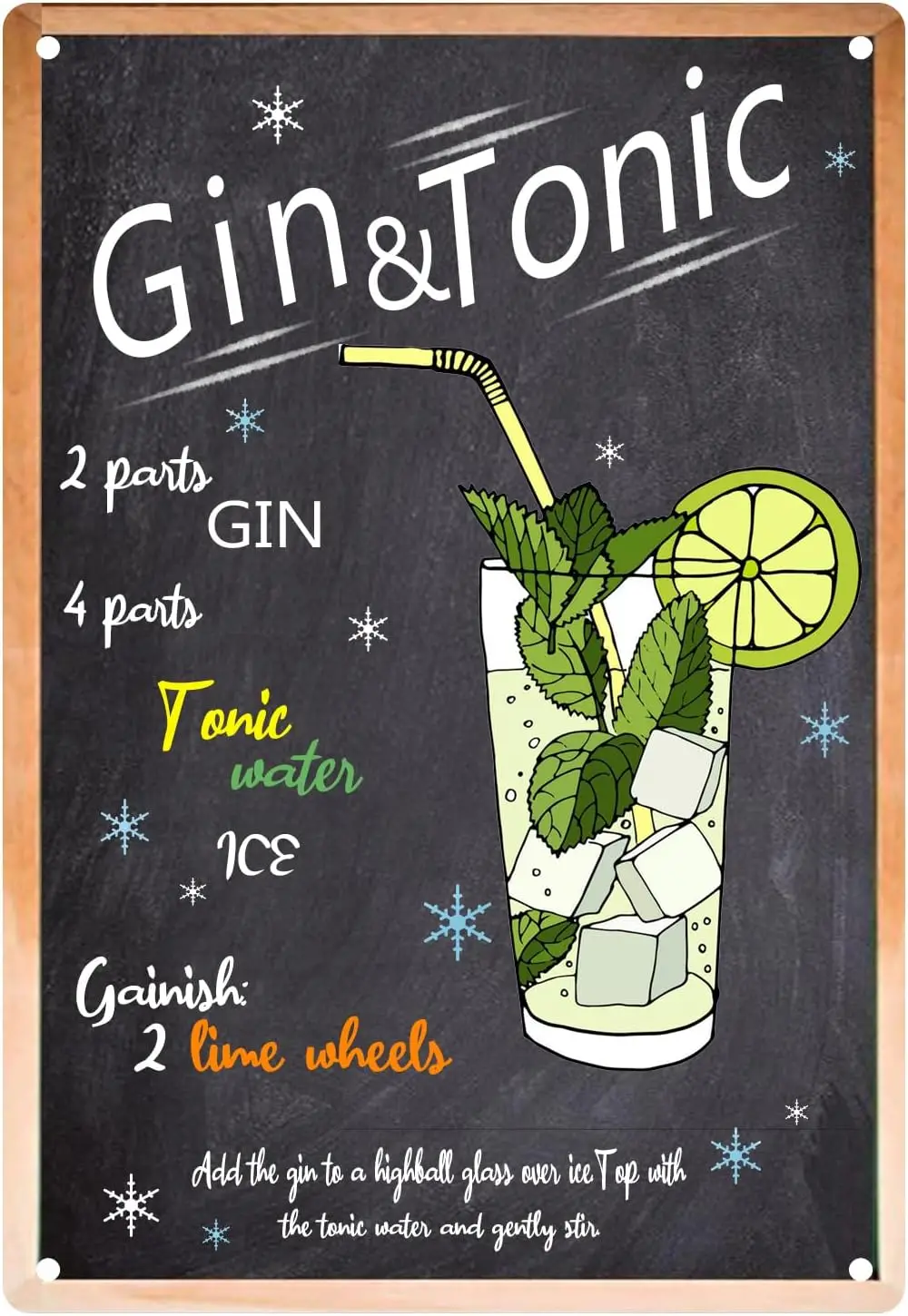 Cocktail Tin Sign, Vintage Cocktail Recipes Sign, Bar Signs for Home Bar Pubs Wall Decor 12X 8 Inch - Gin Tonic