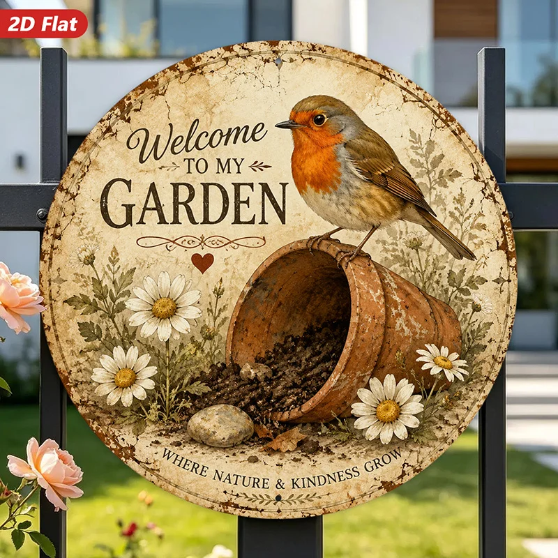 2D Flat, 1pc Garden Welcome Bird Round Metal Sign Wall Art, Welcome to My Garden Text, Perched European Robin, Tipped Terracotta