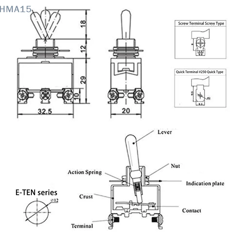 [EL] 2 قطعة E-TEN1321 DPDT 250 فولت 15A 12 مللي متر تبديل التبديل 6 دبوس ON-ON الروك التبديل