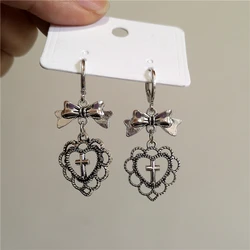 Gothic Vintage Love Heart Cross Bowknot Pendant Earrings For Women Y2K Fashion Ear Buckle EMO 90s Aesthetic Charms  Accessories