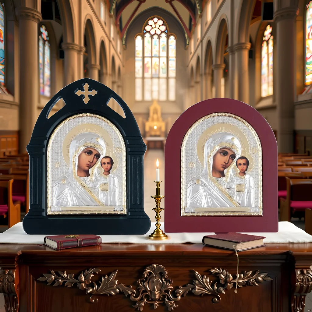 

HTISOK Virgin Mary and Jesus Icon Greek Orthodox Icon Gold-Plated Religious Art for Home Altar Church Decor Christian Gift