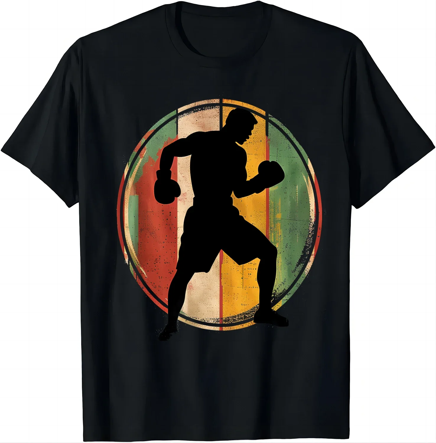 Trendy Boxing Silhouette Tee - Black Tee with Colorful Accents T Shirts Graphic T Shirts  Men Clothing Tops Camisas Streetwear