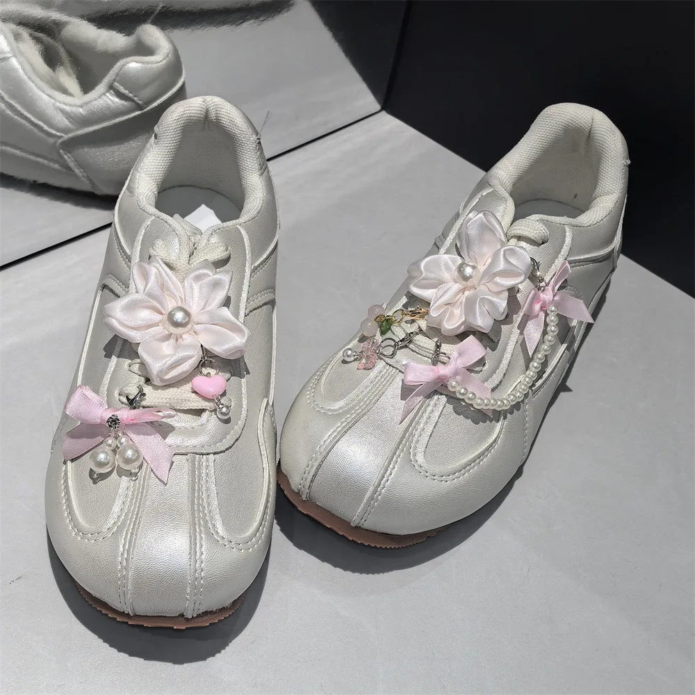 Shoe Charms Spring Cherry Blossom Fabric Flower Beaded Pearl Bow Chain Heart Ornament Lightweight Small Pink Girls