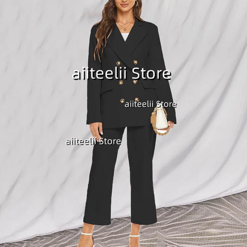 

Elegant Women's Suit 2 Piece Lapel Double Breasted Clothing Set Casual Ladies Office Jacket Pant