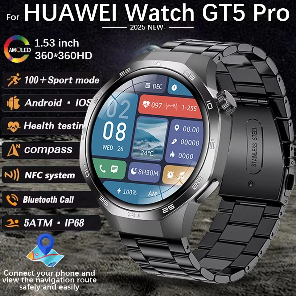 For HUAWEI Watch GT5 Pro Sports Smart Watch Men's GPS Track Compass Altimeter Waterproof HD Bluetooth Call NFC Smartwatch New