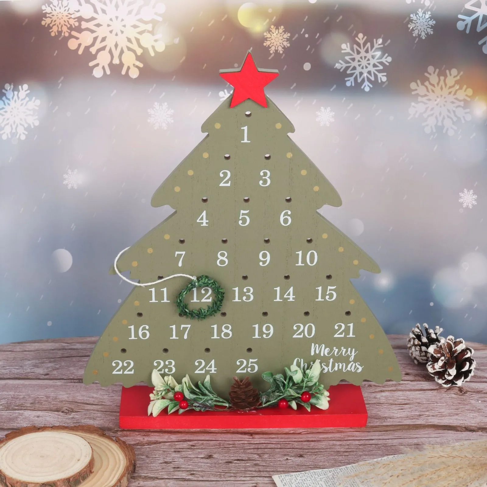 2024 New Christmas Countdown Desktop Decoration Small Tree Vine Circle Calendar Wooden Ornaments Christmas Tree