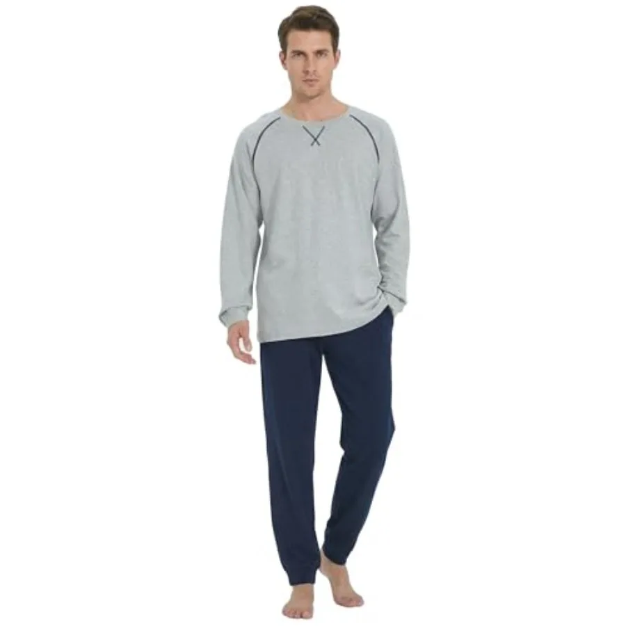 

U2SKIIN Men's Organic Cotton Pajama Set Soft Crew Neck Long Sleeve Sleepwear Cozy Jogger Casual Lounge Set with Pockets