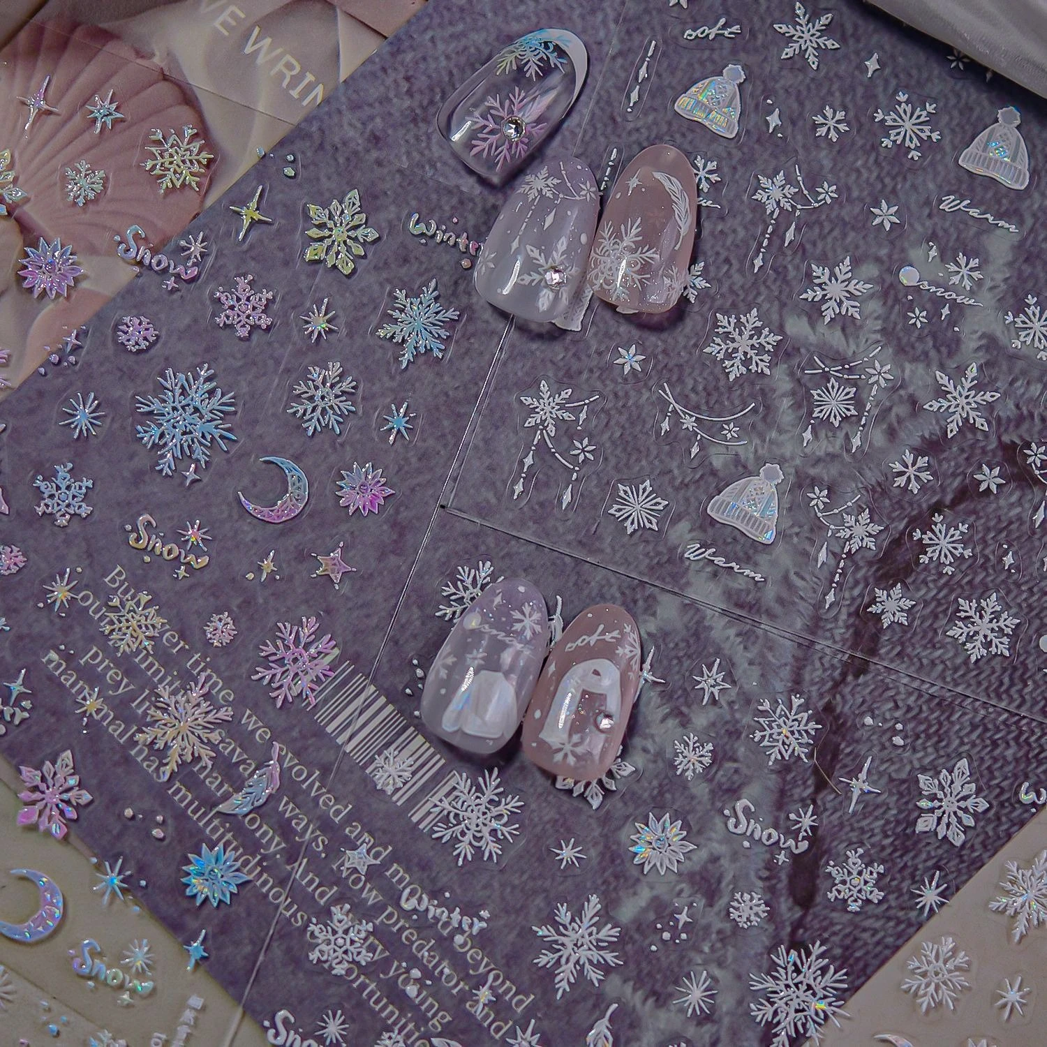 Rosa azul gradiente copo de nieve pluma romántico invierno Chic blanco nieve suéter gorra estrellas Luna uñas arte pegatinas calcomanías de manicura