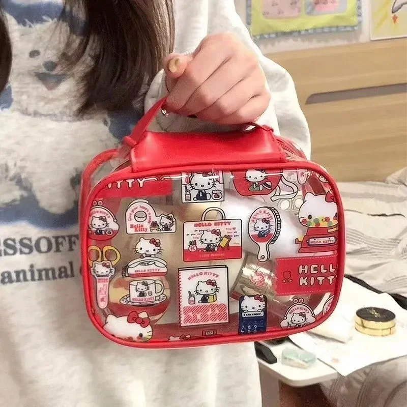 

New Hello Kittys PVC Transparent Makeup Bag Cartoon Portable Handheld Large Capacity Waterproof Skincare Storage Bag Washing Bag