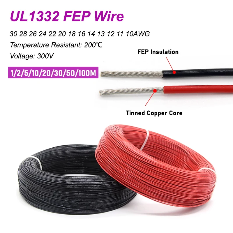 

1~100M Black Red UL1332 PTFE Wire 30 28 26 24 22 20 18 16 14 13 12 11 10AWG FEP Insulated Tinned Copper Cable for 3D Printer