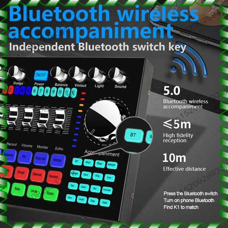 

-BOFF K1 Живая звуковая карта Портативная звуковая карта Bluetooth Профессия Регулируемая громкость звука для записи музыки