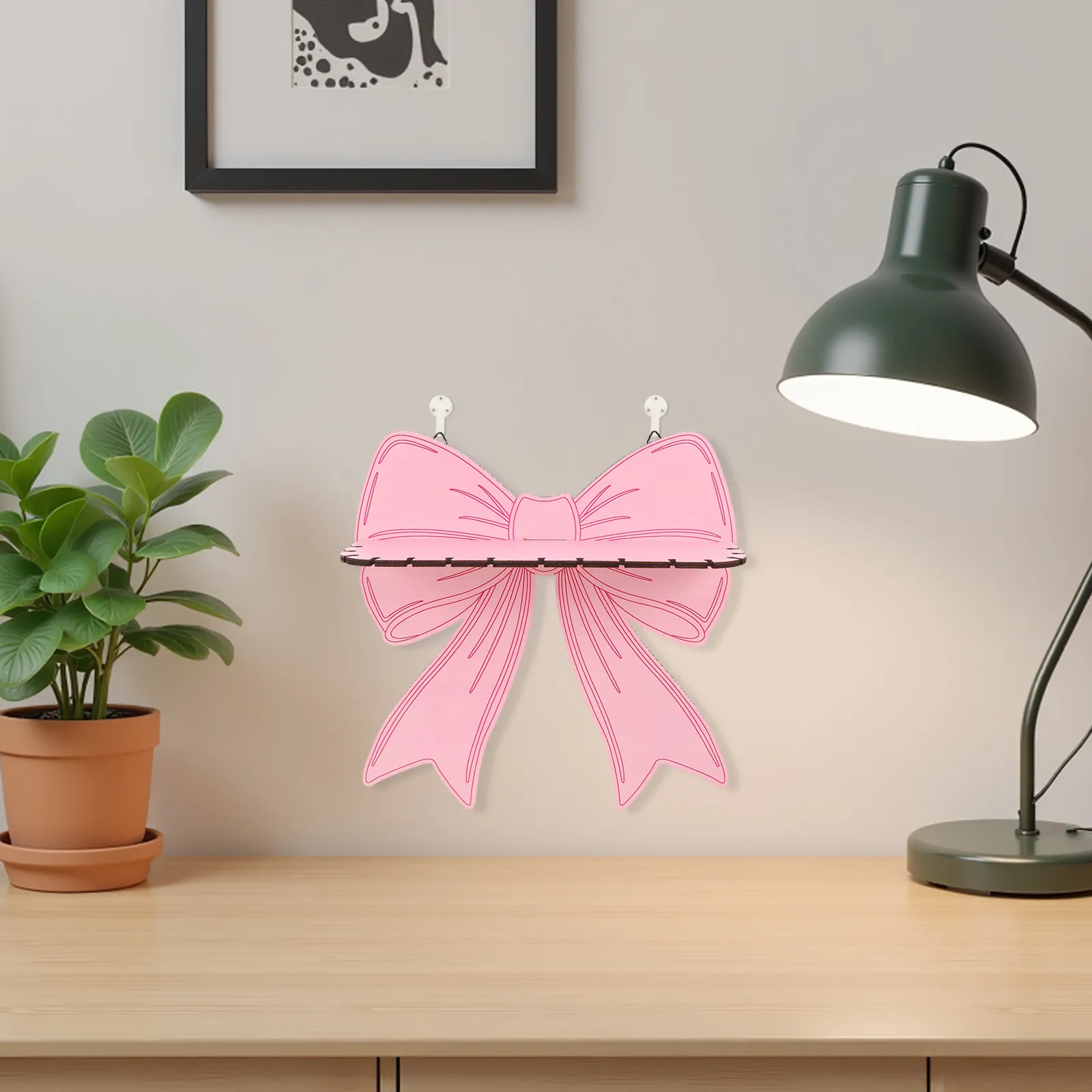 Pink Bow Shaped Wooden Floating Shelf Wall Mount Storage Rack for Nursery Bedroom Living Room Plants Books Pictures Display view 3