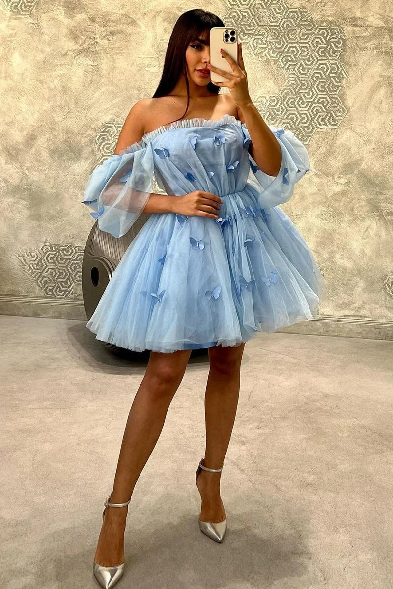 Off the Shoulder Mini Homecoming Dresses Tulle A-line 3D Butterfly Backless Flare Sleeve Princess Dress Elegant Teen Party Gowns