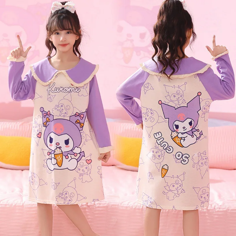 Kawaii Sanrio Kuromi Long Skirt Pajamas Summer Girls Casual Dress Little Girls Short Sleeve Long T-shirt Children's Nightgown