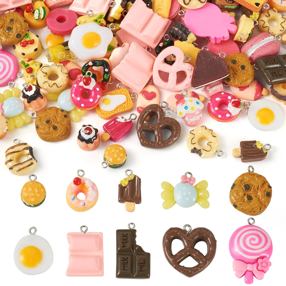 

100pcs Resin Pendants Dangle Earring Charms Imitation Food Cake Donut Bread for Jewelry Making DIY Necklace Keychain Craft