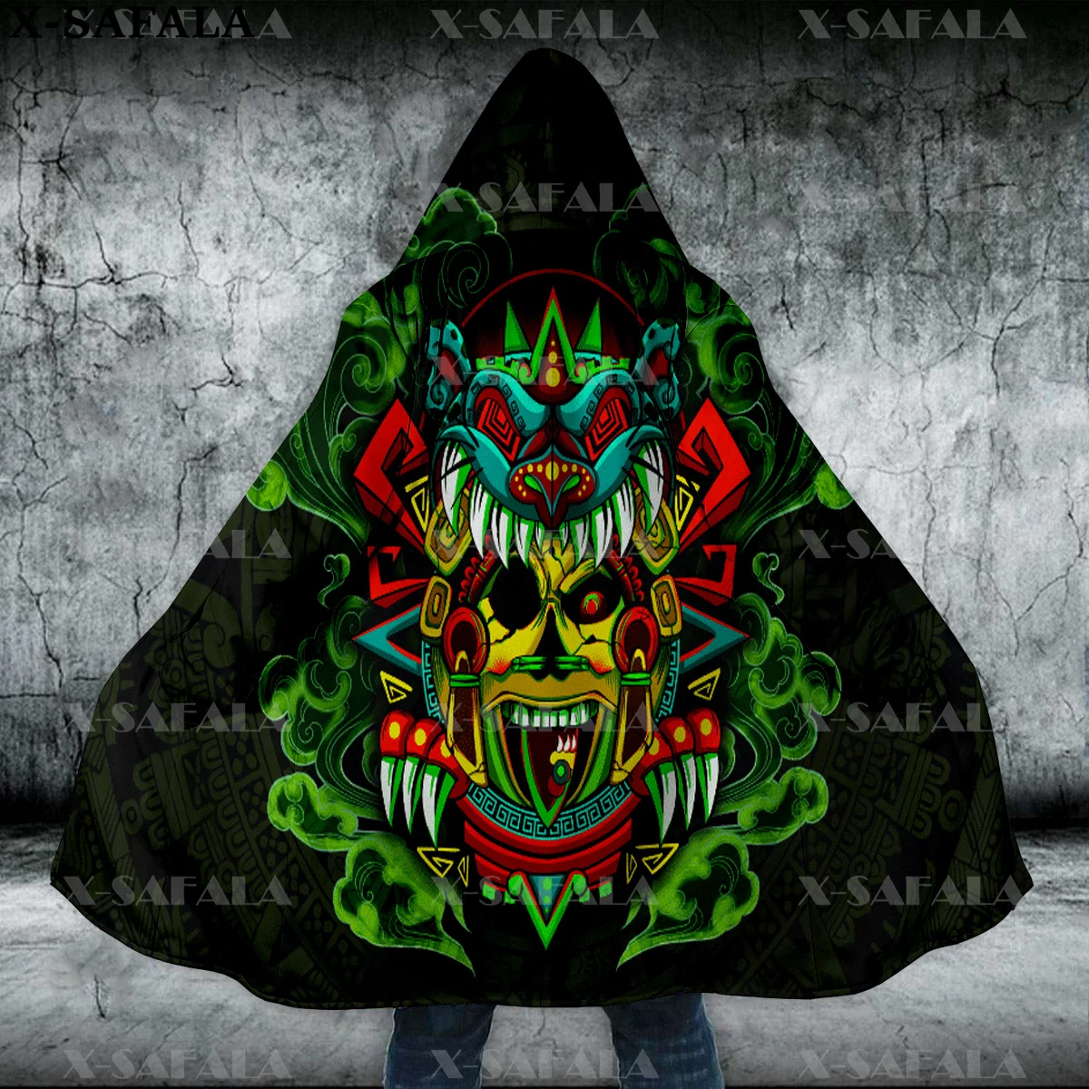 Ancient Skull Mexican Aztec Tattoo Mexico Thick Warm Hooded Cloak Men Overcoat Coat Windproof Fleece Cape Robe Hooded Blanket-10