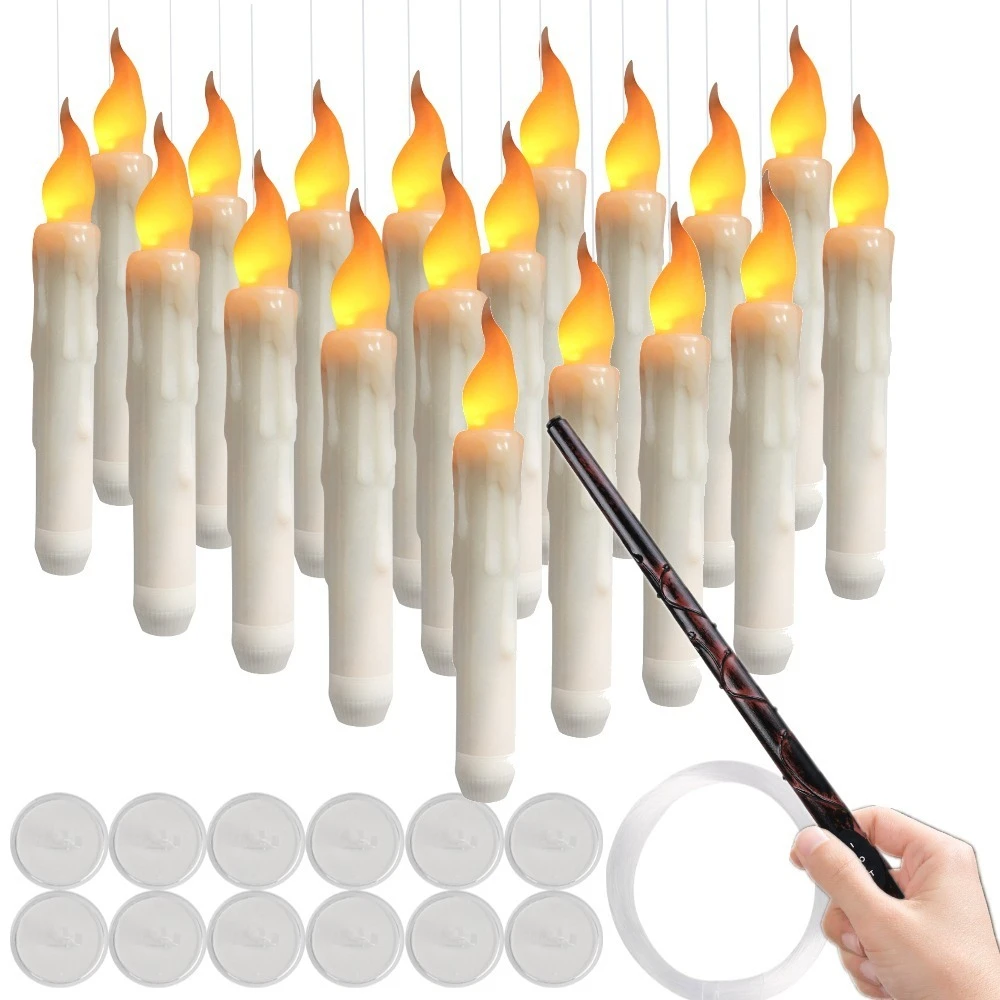 Floating Candles with Magic Wand Remote Timer Flameless Flickering LED Taper Candle Battery Operated Electric Hanging Lights