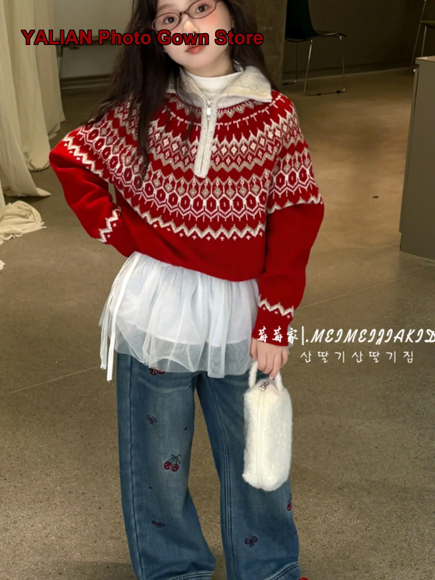 Girls Fair Isle Half-Zip Autumn Winter 2026 Loose Round Neck Thickened Base Layer Top