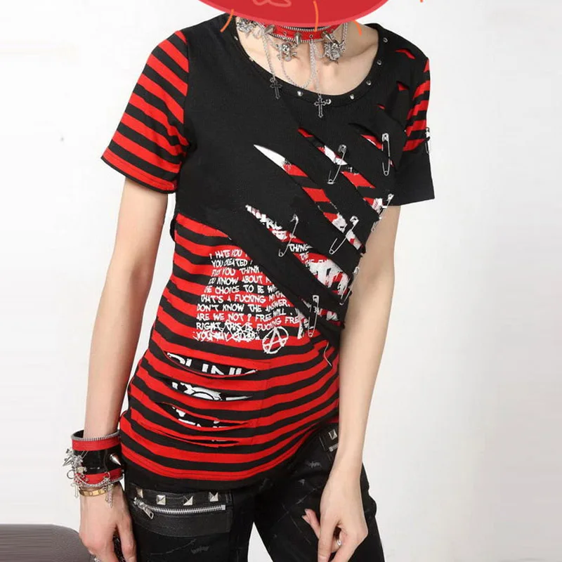 Japanese Korean y2k Summer Clothing Kill Matt Rock Ripped Clothes Hole Rivet Skull Pattern Tee Stripe Short T-shirt Men\'s Tops