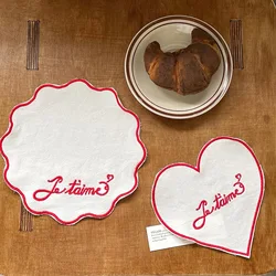 Ins French Embroidered Pet Tableware Mat Pure Cotton Love Flower Trimmed Tabletop Decorative Prop Puppy Dog Bowl Mats