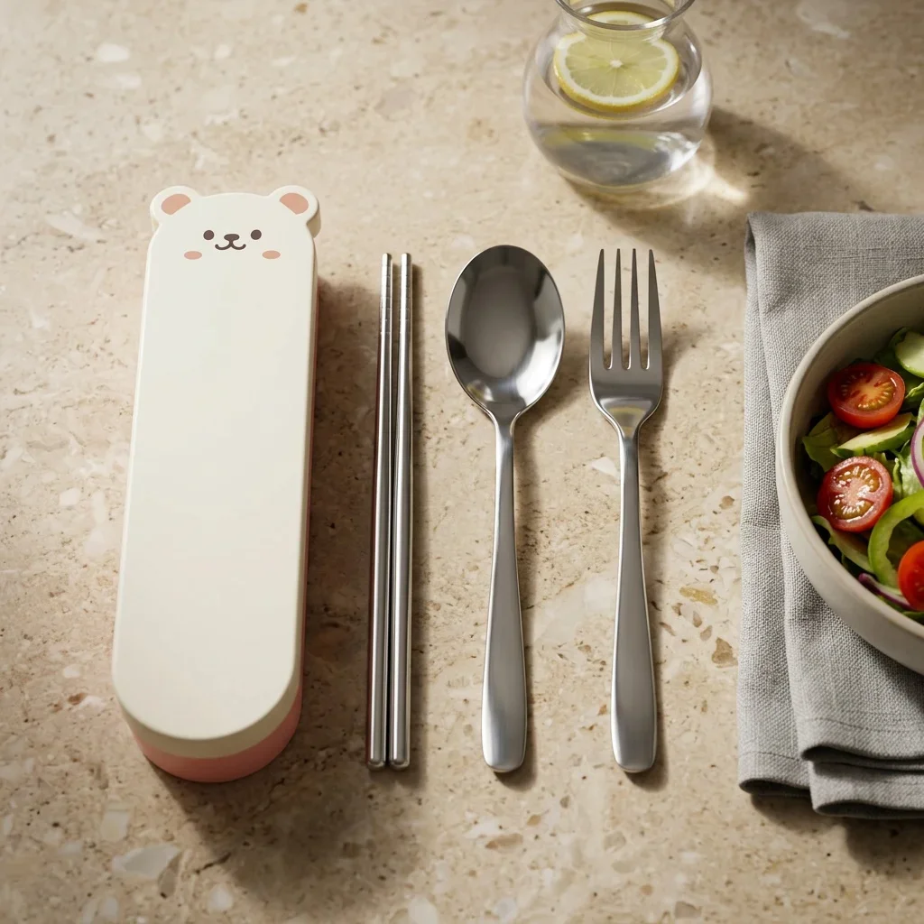 Portable Stainless Steel Cutlery Set Spoon Fork Chopsticks Bear Case Reusable Kids Travel School Silverware Utensils Organizer