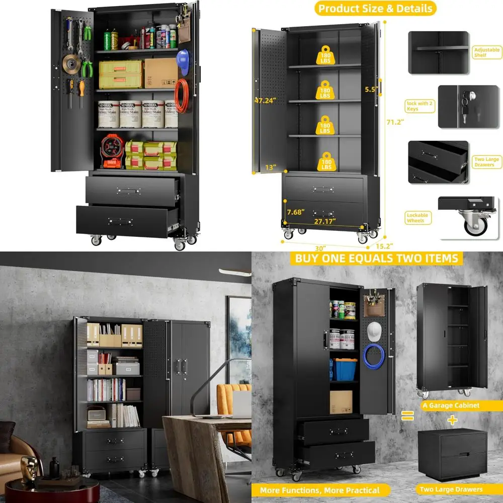 Большой металлический шкаф для хранения на колесах, запираемый стальной шкаф с 3 регулируемыми полками и 6 крючками для улучшенной организации