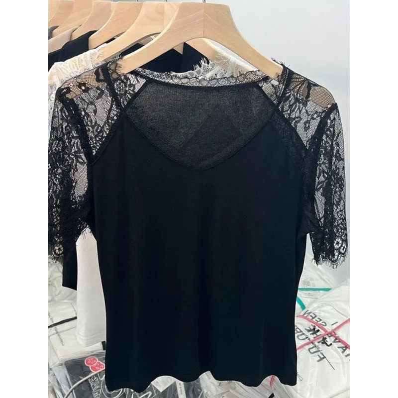 2024 Summer New Women\'s Thin Style T-shirt Pullovers Spliced Lace V-Neck Fashion Slim All-match Comfortable Short Sleeve Tops