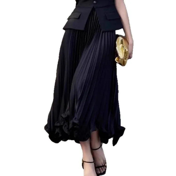 

Винтажная черная юбка А-силуэта 2026 года, новая плиссированная миди-юбка с эффектом лепестков, женская, стройнящая, с высокой талией, расклешенная, для офиса