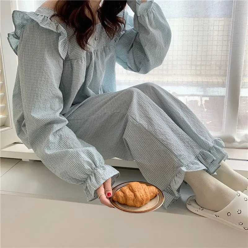 Pajama Sets Women Plaid Harajuku Schoolgirl Sweet Style Autumn Simple Sleepwear Square Collar Ins Popular Lovely Nightwear Daily