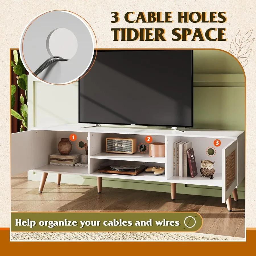 حامل تلفزيون لتلفزيون 65 بوصة 58 حامل تلفزيون بوهو لمركز الترفيه لوحدة تحكم تلفزيون غرفة المعيشة مع خزائن تخزين باللون الأبيض