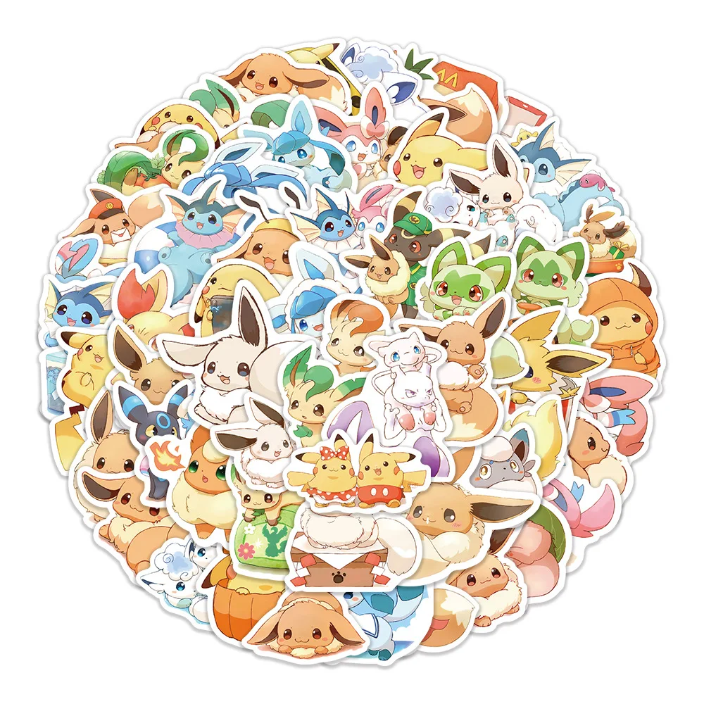 60 Cute Eevee Evolution Series Pokémon Stickers, Waterproof Cute Anime Stickers Featuring Fairy Eevee, Pikachu, and Eevee Character Stickers, Suitable for Laptops, Water Bottles, Scrapbooks, Diaries, Phone Cases, Can Be Used as Party Favors for Children, Teenagers, Adults, and Pokémon Enthusiasts