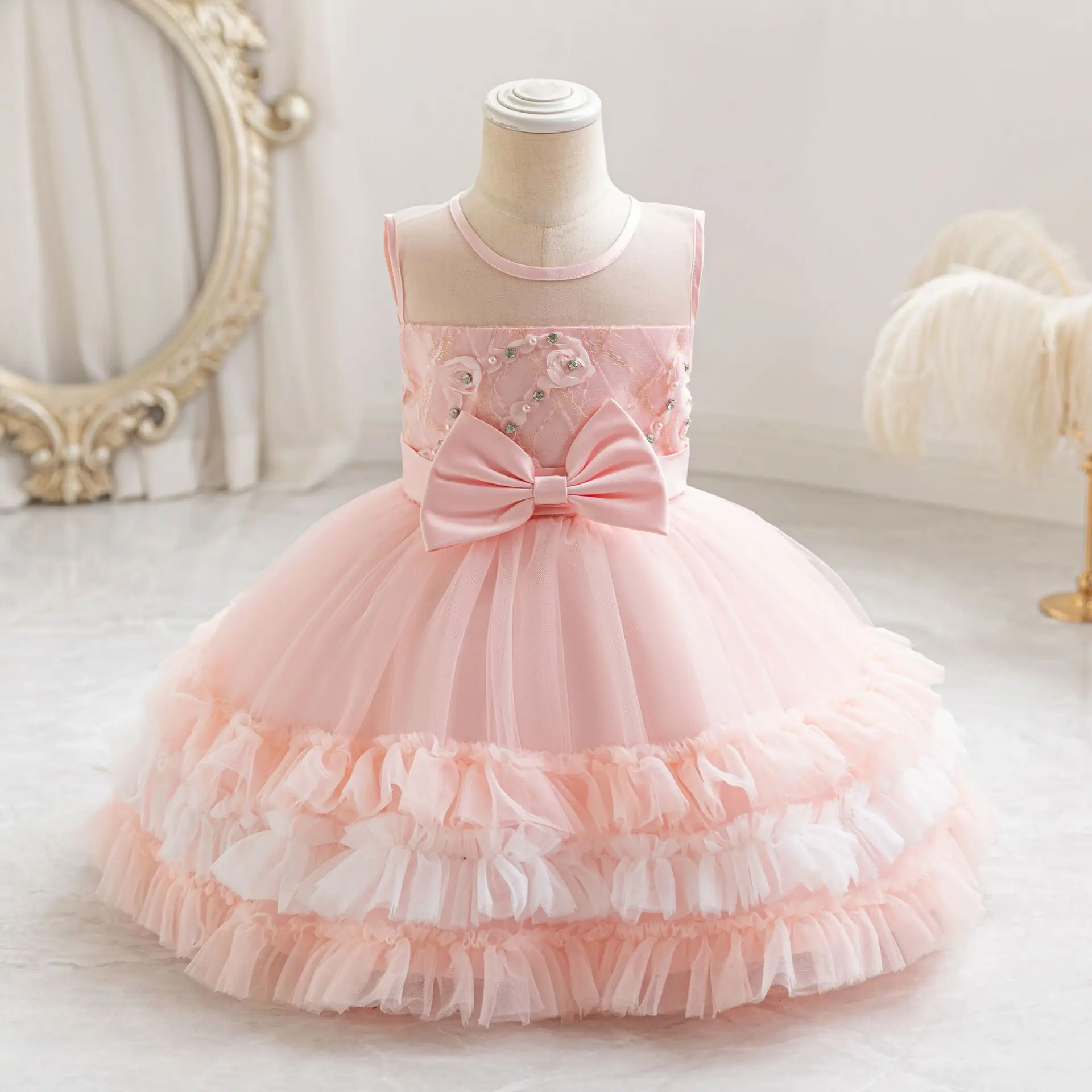 Shiny Toddler Ruffled Baby Toddler Beaded Birthday Party Formal Pageant Flower Girl Dress