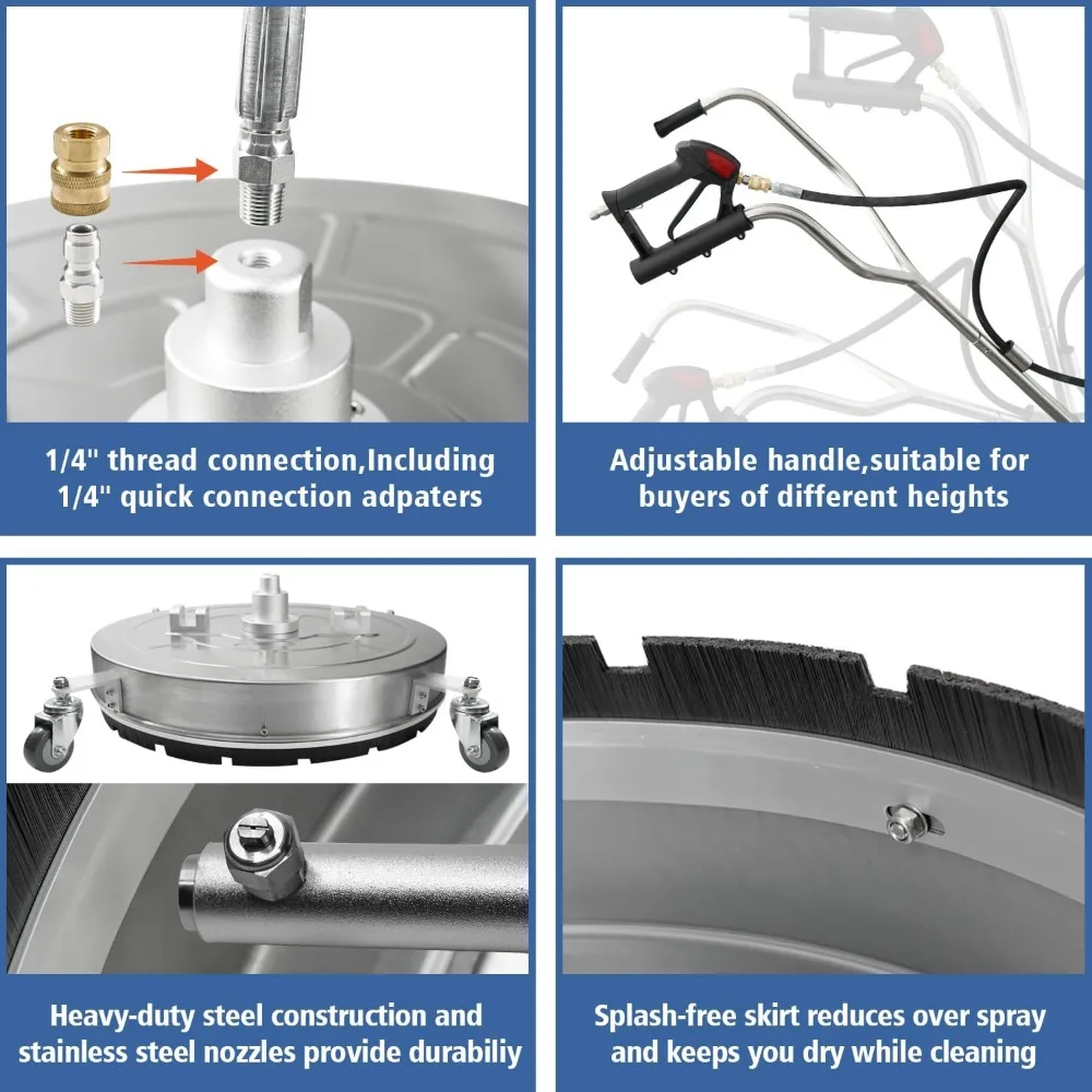 Detergente per superfici per idropulitrice da 30 pollici con quattro ruote, doppie maniglie, costruzione in acciaio inossidabile, due adattatori per tubi flessibili e Fou