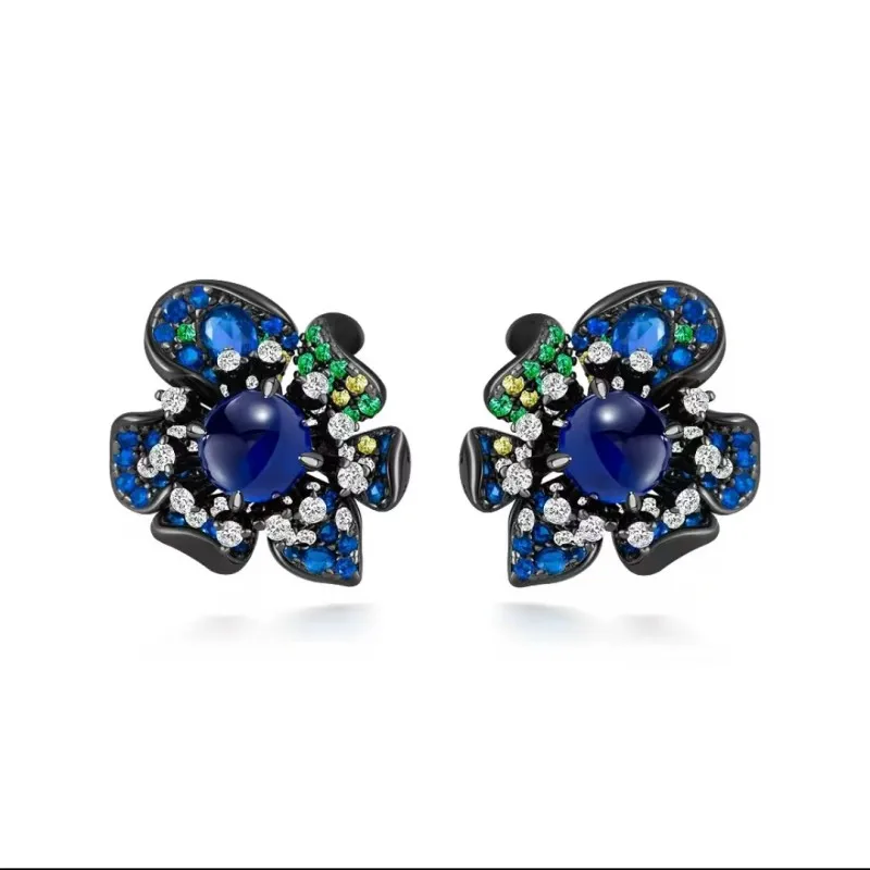 

ZOCA Real 925 Sterling Silver Blue Flower Stud Earrings For Women Sparkling Stone Delicate Flower Wedding Party Fine Jewelry