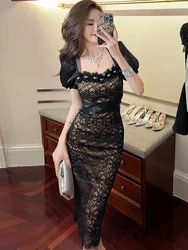 Elegant Fashion Vintage Dress Women Flower Sheer Embroidery Pearl Bubble Sleeve Party Robe Femme Banquet Noble Vestidos Mujer