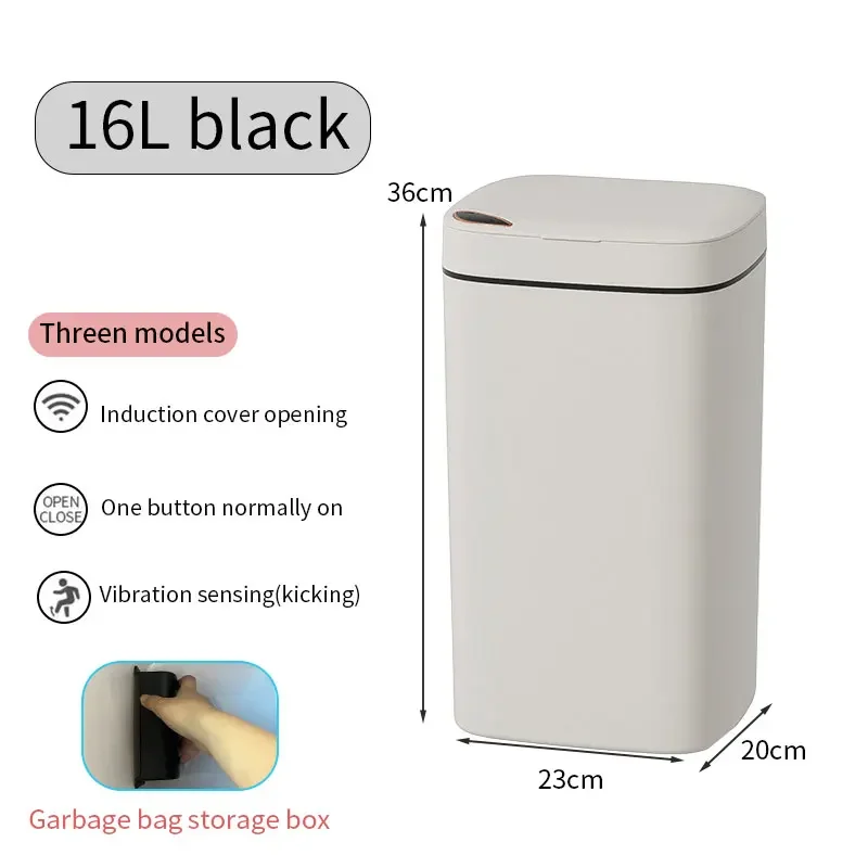 Smart Sensor Trash Can Waterproof Garbage Storage Box with Lid Three-sensor Mode Bathroom Kitchen Bedroom Wastebasket 14L/16L