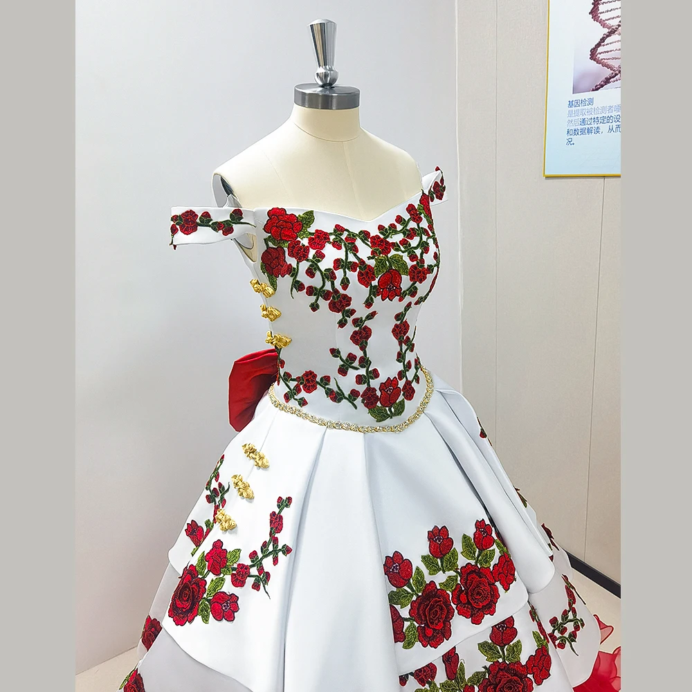 Lindo vestido de baile bordado, Fora do ombro arco camadas, Vestido de baile de cetim, Doce festa noturna, Quinceanera, 2023