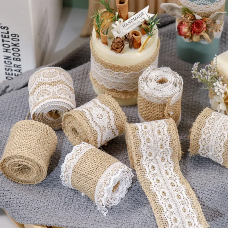 2 M Natural Jute Burlap Ribbon Lace Burlap Ribbon Rolls for DIY Home Christmas Decor Wedding Party and Gift Packaging 2.5cm/5cm