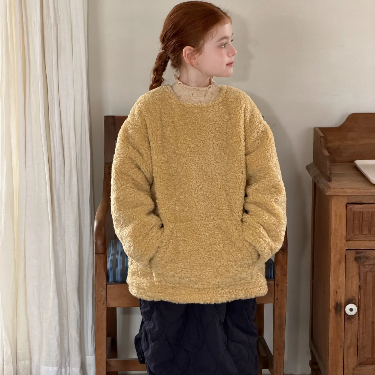 Korean Children's Clothing 2026 Winter New Item Girls' Hoodie Long Woolen Sweater Yellow Pullover Thick Top