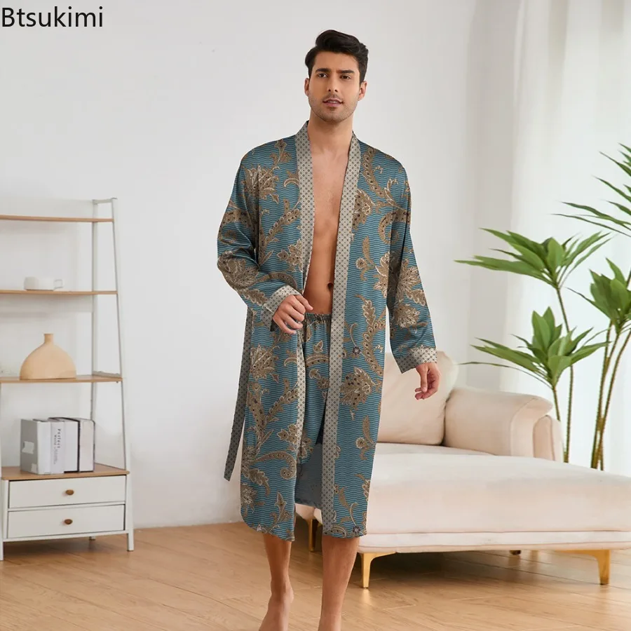 جديد الرجال طباعة رداء مجموعات ملابس خاصة كيمونو البشكير السراويل 2 قطعة مجموعات الصيف Homewear رداء طويل منامة الدانتيل يصل ثوب النوم الذكور #2