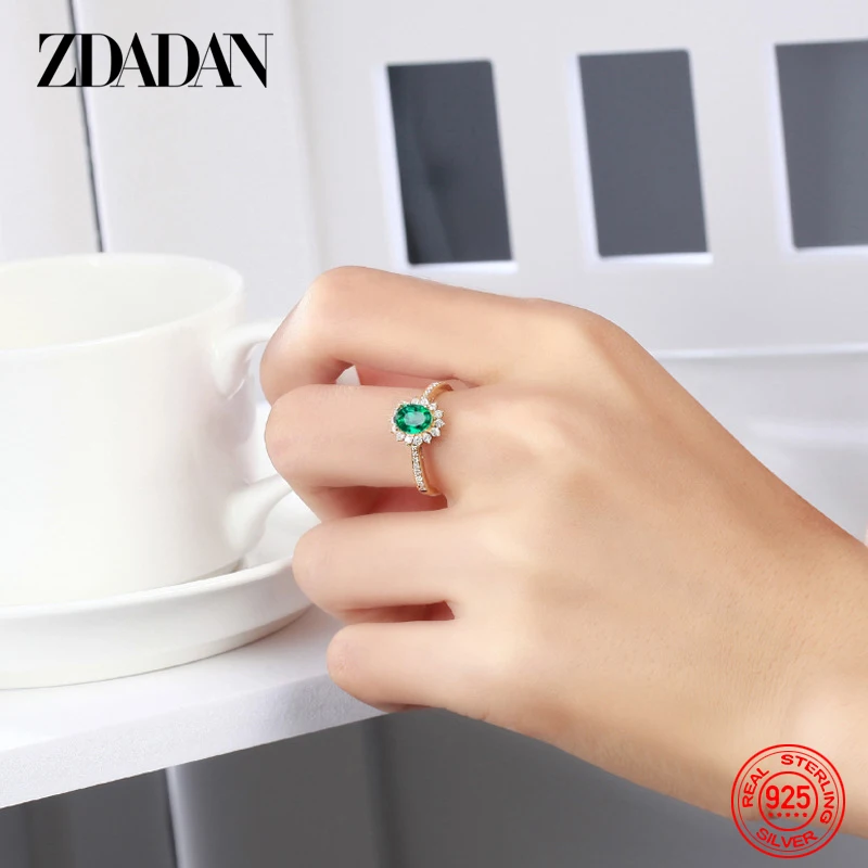 ZDADAN 925 Sterling Silver 18K Gold Emerald Adjustable Ring For Women Girls Fashion Party Jewelry