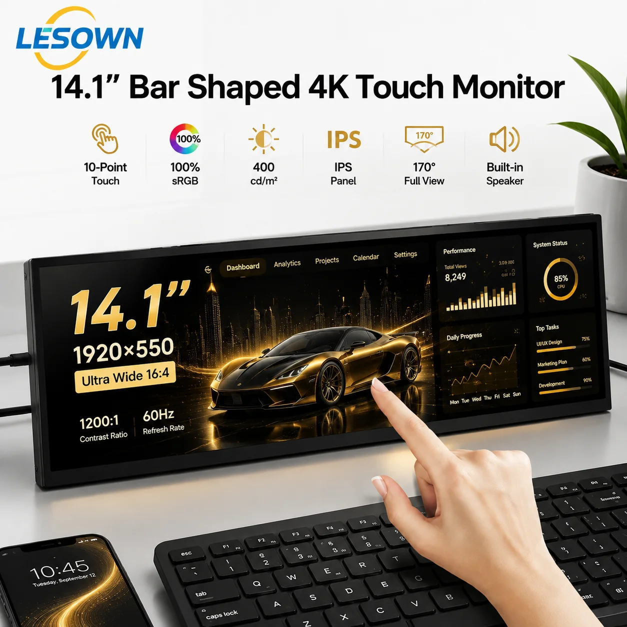 LESOWN 14.1 Inch Matte Black Portable Monitor 1920x550 Slim Travel Screen Driver-free Touch for Business