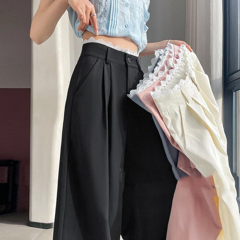 Lace patchwork solid color wide leg pants women's spring new high waisted thin style loose casual versatile floor pants