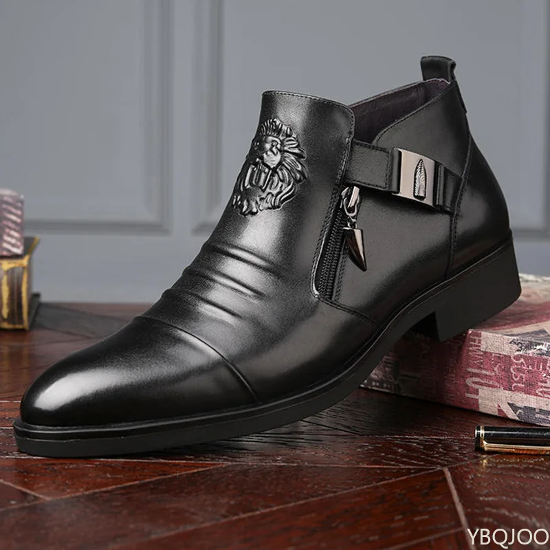 

Winter Men's Elegant Boots Ankle non slip Leather Shoes British Zip Black Knight boots Pointed Punk Platform male Booties Botas